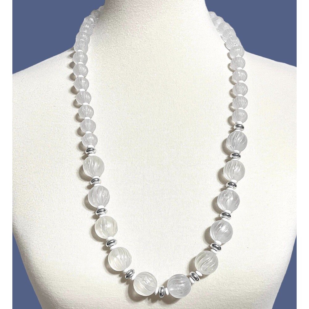 Vintage Plastic Beaded Necklace Clear Frosted Graduated Chunky Retro Jewelry 30"